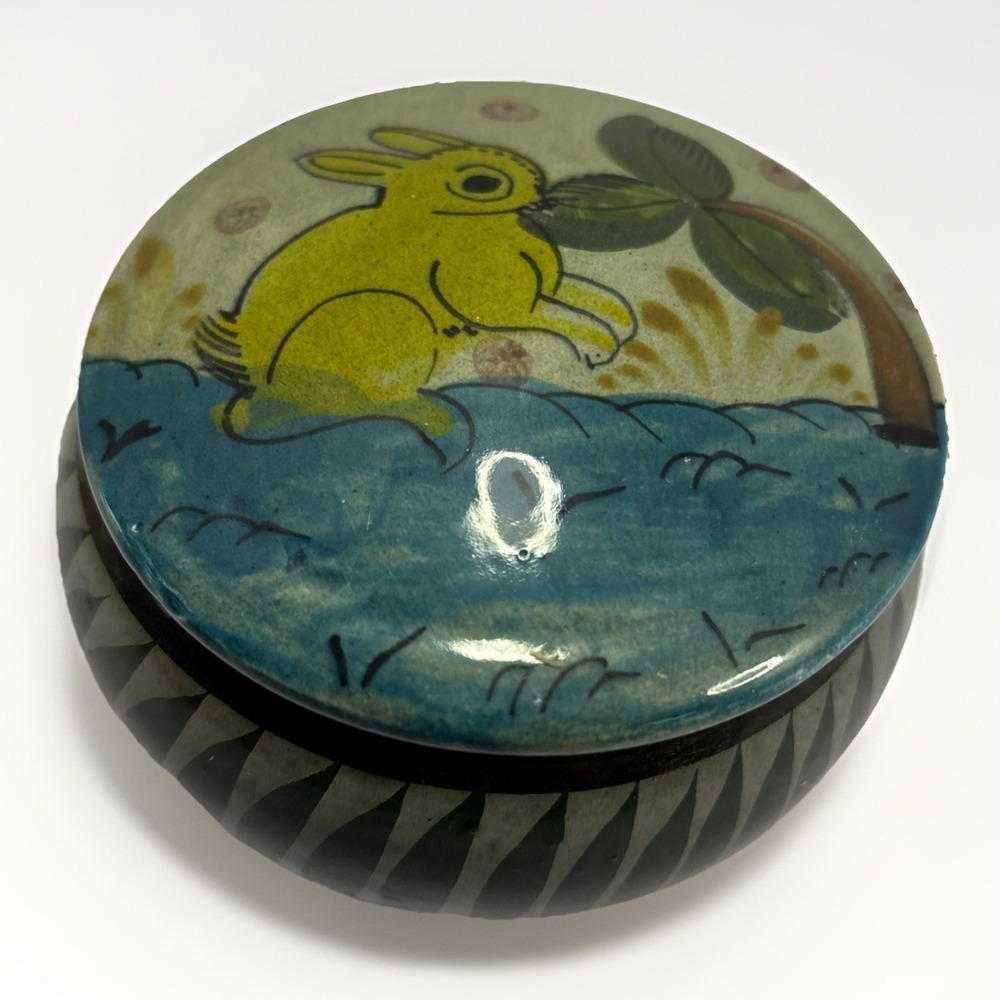 Vtg‎ Mexican Tonala Lidded Trinket Box Hand Painted Bunny Rabbit 4 In